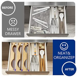 Bamboo Foil and Plastic Wrap Organizer, 3 In 1 Plastic Wrap Foil and Wax Paper Dispenser With Cutter, Aluminum Foil Organization and Storage for Kitchen Drawer, Sturdy & Reusable Fits 12" Roll