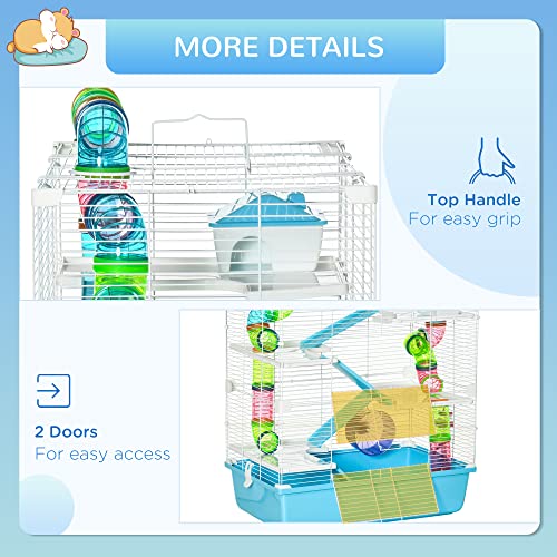 PawHut Extra Large 23" Hamster Cage with Tubes and Tunnels, Portable Carry Handles, Rat House and Habitats Big 5-Tier Design, Includes Exercise Wheel, Water Bottle, Food Dish, Light Blue