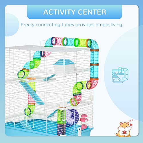 PawHut Extra Large 23" Hamster Cage with Tubes and Tunnels, Portable Carry Handles, Rat House and Habitats Big 5-Tier Design, Includes Exercise Wheel, Water Bottle, Food Dish, Light Blue