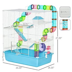 PawHut Extra Large 23" Hamster Cage with Tubes and Tunnels, Portable Carry Handles, Rat House and Habitats Big 5-Tier Design, Includes Exercise Wheel, Water Bottle, Food Dish, Light Blue