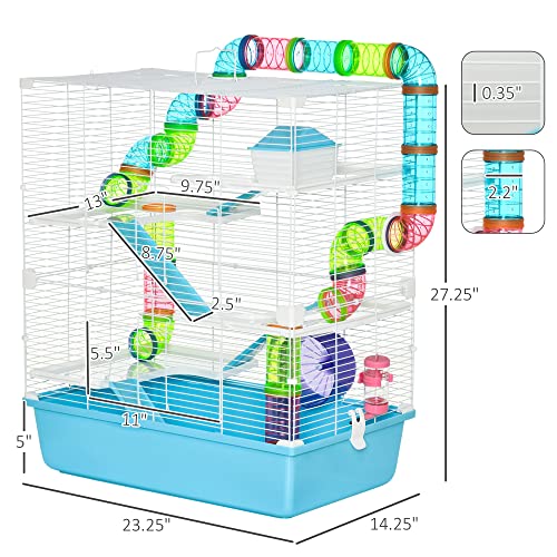 PawHut Extra Large 23" Hamster Cage with Tubes and Tunnels, Portable Carry Handles, Rat House and Habitats Big 5-Tier Design, Includes Exercise Wheel, Water Bottle, Food Dish, Light Blue