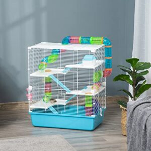 PawHut Extra Large 23" Hamster Cage with Tubes and Tunnels, Portable Carry Handles, Rat House and Habitats Big 5-Tier Design, Includes Exercise Wheel, Water Bottle, Food Dish, Light Blue