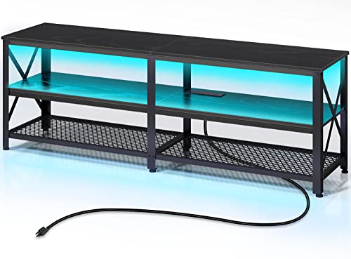 Rolanstar TV Stand with Led Lights & Power Outlets for 32/40/45/55/60/65/70 inch TVs, Entertainment Center with Open Storage, TV Table, 3-Tier Television Stands for Living Room, Black