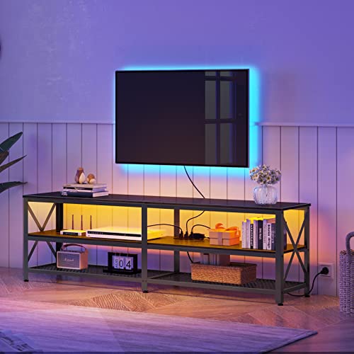 Rolanstar TV Stand with Led Lights & Power Outlets for 32/40/45/55/60/65/70 inch TVs, Entertainment Center with Open Storage, TV Table, 3-Tier Television Stands for Living Room, Black