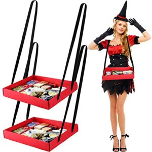 2 pcs wearable party tray snack and beverage carrier foldable drink carriers drink holder movie snack trays with strap halloween costume accessory prop with 4 ribbons, 2 x 11 x 13 inches (red)