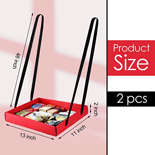 2 Pcs Wearable Party Tray Snack and Beverage Carrier Foldable Drink Carriers Drink Holder Movie Snack Trays with Strap Halloween Costume Accessory Prop with 4 Ribbons, 2 x 11 x 13 Inches (Red)