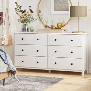 hasuit 6 drawer double dresser, 51.5''w wood dresser chest with wide storage space, storage tower clothes organizer, large storage cabinet for bedroom, living room, hallway (modern white)