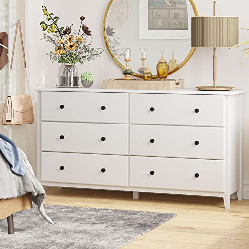 Hasuit 6 Drawer Double Dresser, 51.5''W Wood Dresser Chest with Wide Storage Space, Storage Tower Clothes Organizer, Large Storage Cabinet for Bedroom, Living Room, Hallway (Modern White)