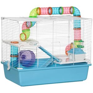 pawhut 3-tier large hamster cage with tubes and tunnels, portable carry handles, toy-filled steel small animal house, includes exercise wheel, water bottle, food dish, 23" x 14" x 18.5", light blue