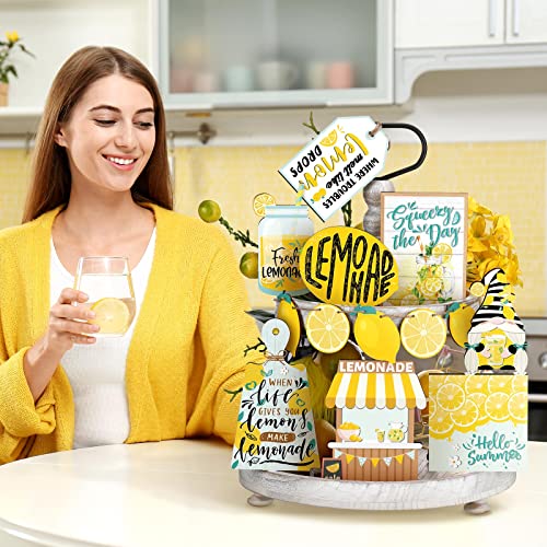 Qunclay 13 Pieces Fresh Lemon Tiered Tray Decor Wooden Lemonade Themed Home Decorations Farmhouse Summer Table Decor Rustic Wood Lemonade Sign for Kitchen Living Room Party Gifts