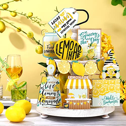 Qunclay 13 Pieces Fresh Lemon Tiered Tray Decor Wooden Lemonade Themed Home Decorations Farmhouse Summer Table Decor Rustic Wood Lemonade Sign for Kitchen Living Room Party Gifts