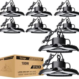 Lightdot 8Pack 100W LED High Bay Light with 3 Adjustable Panels, 5000K 14000LM Super Bright Shop Lights, LED Commercial Bay Lighting with 5ft UL Cable Plug for Barn/Warehouse/Workshop