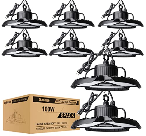 Lightdot 8Pack 100W LED High Bay Light with 3 Adjustable Panels, 5000K 14000LM Super Bright Shop Lights, LED Commercial Bay Lighting with 5ft UL Cable Plug for Barn/Warehouse/Workshop