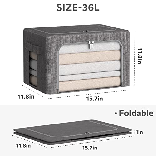 Clothes Storage Bins Box - Linen Fabric Foldable Stackable Container Organizer Set with Clear Window & Carry Handles & Metal Frame - 2Pack Large Capacity for Bedding, Blankets, Toys, Books (Dark Gray, Medium-36L)