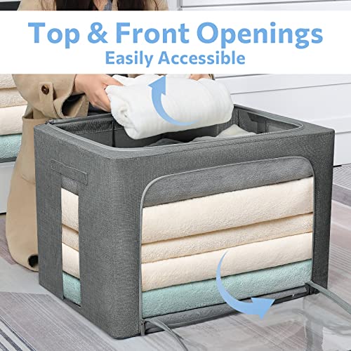 Clothes Storage Bins Box - Linen Fabric Foldable Stackable Container Organizer Set with Clear Window & Carry Handles & Metal Frame - 2Pack Large Capacity for Bedding, Blankets, Toys, Books (Dark Gray, Medium-36L)