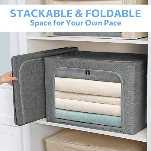 Clothes Storage Bins Box - Linen Fabric Foldable Stackable Container Organizer Set with Clear Window & Carry Handles & Metal Frame - 2Pack Large Capacity for Bedding, Blankets, Toys, Books (Dark Gray, Medium-36L)