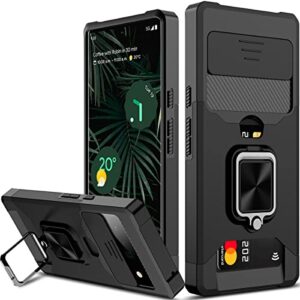 nvollnoe google pixel 6 pro 6.7" heavy duty case with sliding camera cover, card holder & magnetic kickstand - black