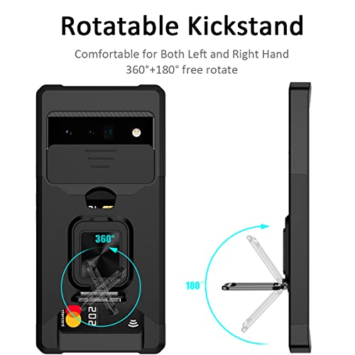 Nvollnoe Google Pixel 6 Pro 6.7" Heavy Duty Case with Sliding Camera Cover, Card Holder & Magnetic Kickstand - Black