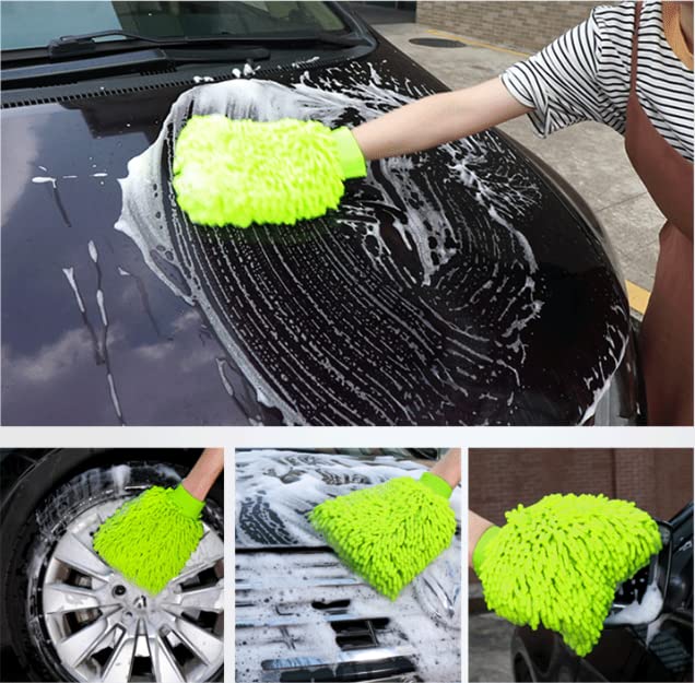 NICEMOODS Car Wash Mitt 2 Pack Premium Chenille Microfiber Wash Mitt Thickened for Car Cleaning Mitts Tools for Winter (Green x2)