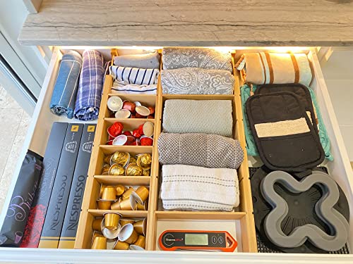 KOOHOAMZ Adjustable Bamboo Drawer Dividers With Inserts, Kitchen Drawer Dividers Organizer Expandable From 13.25"-17", Stackable Deep Drawer Separators For Kitchen Utensils, Dresser, Bedroom, Clothes