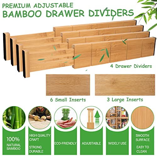 KOOHOAMZ Adjustable Bamboo Drawer Dividers With Inserts, Kitchen Drawer Dividers Organizer Expandable From 13.25"-17", Stackable Deep Drawer Separators For Kitchen Utensils, Dresser, Bedroom, Clothes