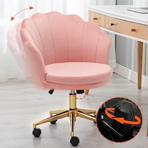 Furniliving Velvet Home Office Task Chair with Wheels, Modern Upholstered Makeup Adjustable Swivel Chair Seashell Back Vanity Desk Chair with Metal Legs for Living Room Bedroom (Pink)