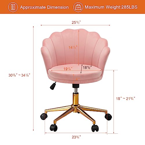 Furniliving Velvet Home Office Task Chair with Wheels, Modern Upholstered Makeup Adjustable Swivel Chair Seashell Back Vanity Desk Chair with Metal Legs for Living Room Bedroom (Pink)