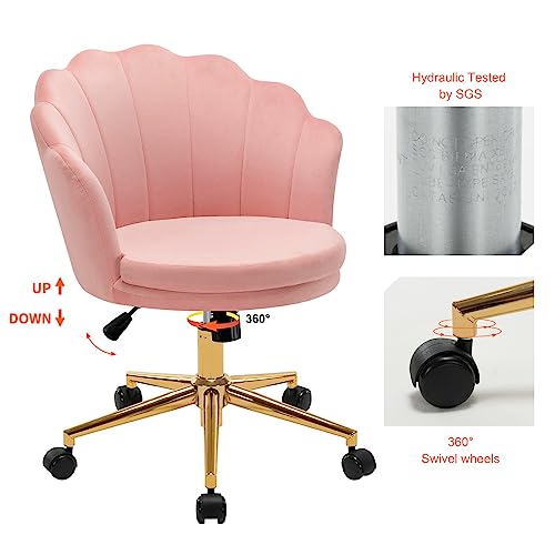 Furniliving Velvet Home Office Task Chair with Wheels, Modern Upholstered Makeup Adjustable Swivel Chair Seashell Back Vanity Desk Chair with Metal Legs for Living Room Bedroom (Pink)