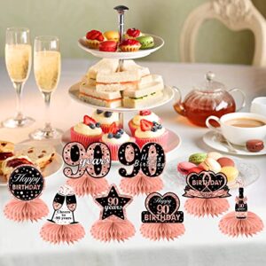 Rose Gold 90th Birthday Decorations Table Honeycomb Centerpieces for Women, 8pcs Happy 90 Birthday Table Toppers Sign Party Supplies, Ninety Years Old Birthday Party Table Decor
