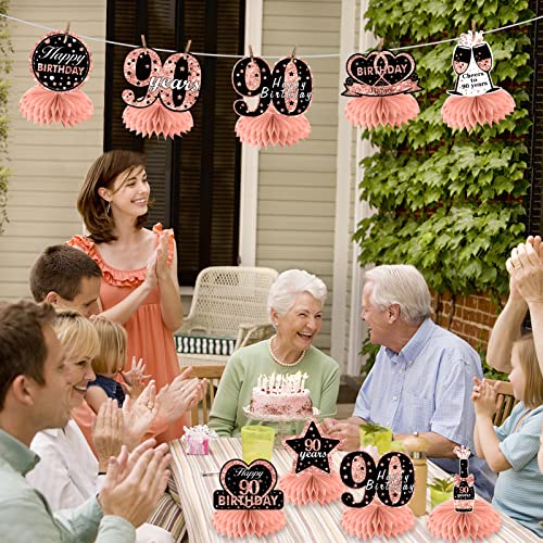 Rose Gold 90th Birthday Decorations Table Honeycomb Centerpieces for Women, 8pcs Happy 90 Birthday Table Toppers Sign Party Supplies, Ninety Years Old Birthday Party Table Decor