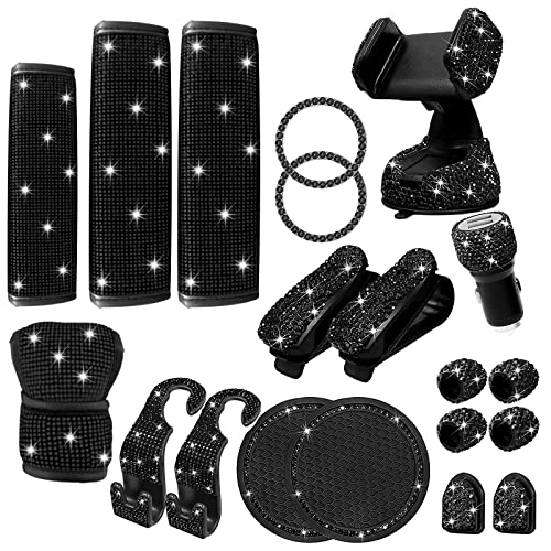 Yixin 20pcs Bling car Accessories Set for Women,Sparkly Phone Holder, Car Mount, Seat Belt Cover, Car Shift Gear Cover, Handbrake Cover, Car Cup Holder Coaster, Glasses Clip, Hook, (Black-20Pcs)