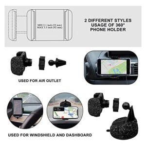 Yixin 20pcs Bling car Accessories Set for Women,Sparkly Phone Holder, Car Mount, Seat Belt Cover, Car Shift Gear Cover, Handbrake Cover, Car Cup Holder Coaster, Glasses Clip, Hook, (Black-20Pcs)