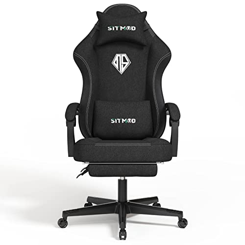 SITMOD Gaming Chair with Footrest-PC Computer Ergonomic Video Game Chair-Backrest and Seat Height Adjustable Swivel Task Chair for Adults with Headrest and Lumbar Support(Black)-Fabric