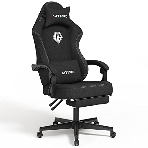 SITMOD Gaming Chair with Footrest-PC Computer Ergonomic Video Game Chair-Backrest and Seat Height Adjustable Swivel Task Chair for Adults with Headrest and Lumbar Support(Black)-Fabric