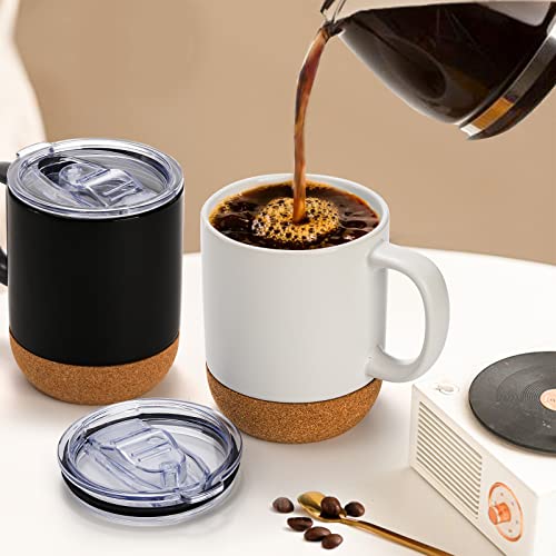 SOUJOY Set of 4 Cork Base Coffee Mug, 13oz Ceramic Mug with Insulated Cork Bottom and Spill proof Lids, Tea Mug Gift Set for Women Men