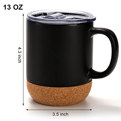 SOUJOY Set of 4 Cork Base Coffee Mug, 13oz Ceramic Mug with Insulated Cork Bottom and Spill proof Lids, Tea Mug Gift Set for Women Men