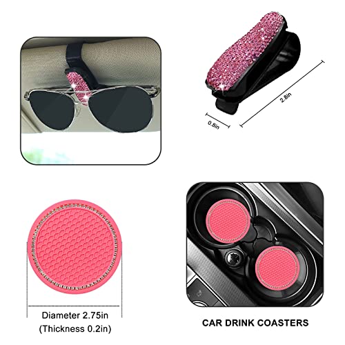 Yixin 20pcs Bling car Accessories Set for Women,Sparkly Phone Holder, Car Mount, Seat Belt Cover, Car Shift Gear Cover, Handbrake Cover, Car Cup Holder Coaster, Glasses Clip, Hook, (Pink-20Pcs)