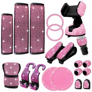 yixin 20pcs bling car accessories set for women,sparkly phone holder, car mount, seat belt cover, car shift gear cover, handbrake cover, car cup holder coaster, glasses clip, hook, (pink-20pcs)