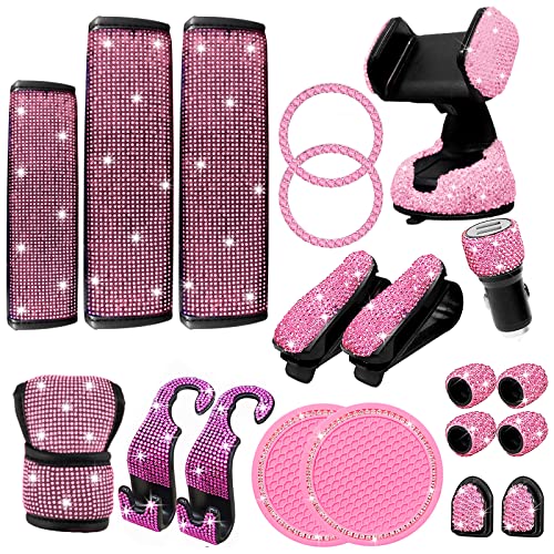 Yixin 20pcs Bling car Accessories Set for Women,Sparkly Phone Holder, Car Mount, Seat Belt Cover, Car Shift Gear Cover, Handbrake Cover, Car Cup Holder Coaster, Glasses Clip, Hook, (Pink-20Pcs)