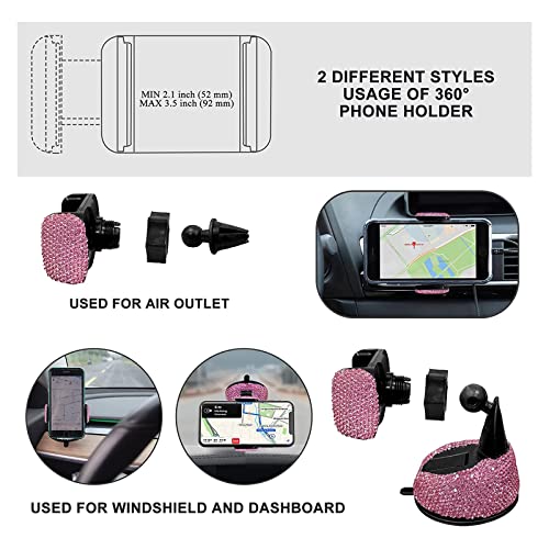 Yixin 20pcs Bling car Accessories Set for Women,Sparkly Phone Holder, Car Mount, Seat Belt Cover, Car Shift Gear Cover, Handbrake Cover, Car Cup Holder Coaster, Glasses Clip, Hook, (Pink-20Pcs)