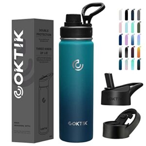 coktik insulated stainless steel water bottle with straw lid, 22 oz wide mouth double wall vacuum insulated water bottle leakproof lightweight for hiking, biking, running(dark night)