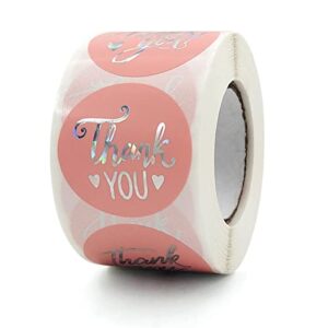 pmcds2g pink silver thank you stickers in 4 styles 1.5" 500 units in 1 roll for festival cards floral bouquets, gift wraps, tags, mailer bags for birthday, christmas & seasonal sets décor(pink silver)