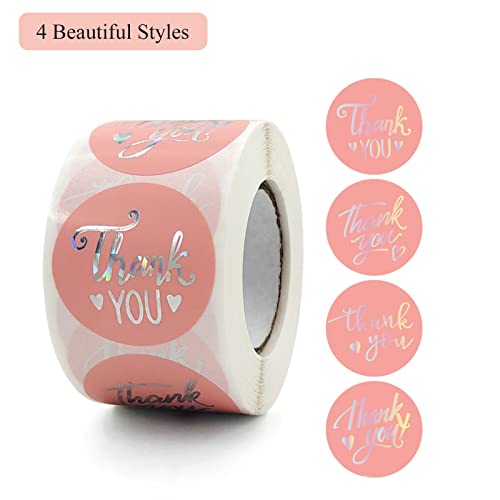 PMCDS2G Pink Silver Thank You Stickers in 4 Styles 1.5" 500 Units in 1 Roll for Festival Cards Floral Bouquets, Gift Wraps, Tags, Mailer Bags for Birthday, Christmas & Seasonal Sets Décor(Pink Silver)