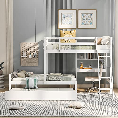 MOEO Twin Over Twin Bunk Bed with Trundle and Ladder for Kids, Adults, Wooden Bunkbed Frame w/Convertible Built-in Desk & Down Bed, Save Space, No Box Spring Required, White