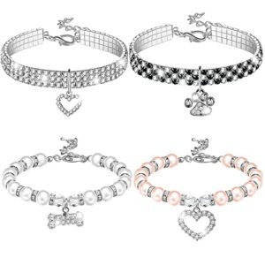 4 pcs pearl dog collar necklaces small dogs cats rhinestones collar necklace set, crystal pet puppy dog necklace adjustable dog jewelry for pet small girls cats (small, paw style)