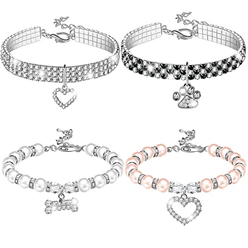 4 Pcs Pearl Dog Collar Necklaces Small Dogs Cats Rhinestones Collar Necklace Set, Crystal Pet Puppy Dog Necklace Adjustable Dog Jewelry for Pet Small Girls Cats (Small, Paw Style)