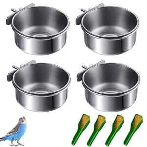 lucky interests 4 pcs bird feeding dish cups, parrot stainless steel food bowl bird cage water feeder with clamp holder for parrots cockatiel budgies lovebird parakeet feeding cups with 4 bird spoon