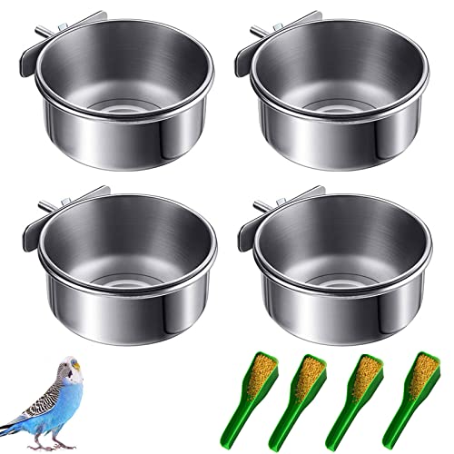 Lucky Interests 4 pcs Bird Feeding Dish Cups, Parrot Stainless Steel Food Bowl Bird Cage Water Feeder with Clamp Holder for Parrots Cockatiel Budgies Lovebird Parakeet Feeding Cups with 4 Bird Spoon