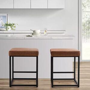 kemon 24 inch bar stools set of 2 modern pu leather metal barstool backless kitchen dining cafe stool counter height upholstered bar stool with footrest，brown