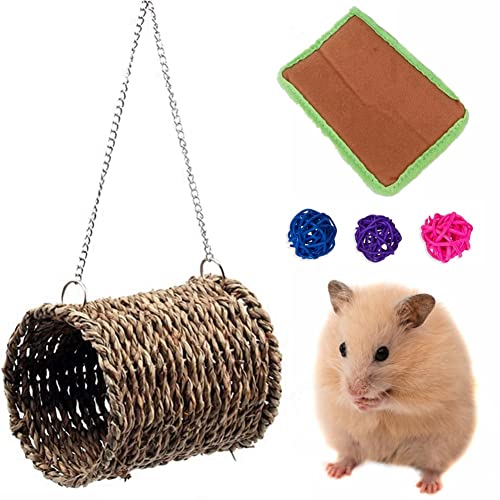 Hamster Sea Grass Hammock with Mat 3 Rattan Balls Set - Natural Hanging Tunnel Bed House Snuggle Hut Small Animal Chew Toys for Silk Bear Hamster Rat Gerbil Sugar Glider Bird (4.72''Lx3.93''W)